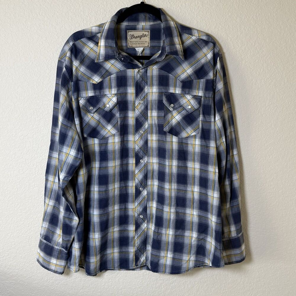 Wrangler VTG Men's Blue Long Sleeve‎ Pearl Snap Western Rodeo Button-Up